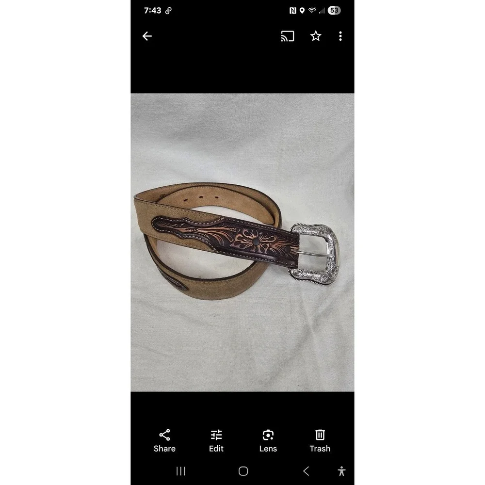 Justin Two Tone Leather Tooled Belt‎ Sz 34 1.5